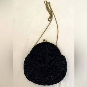 Vintage La Regale purse, black clutch, black beaded, gold chain 1990’s
